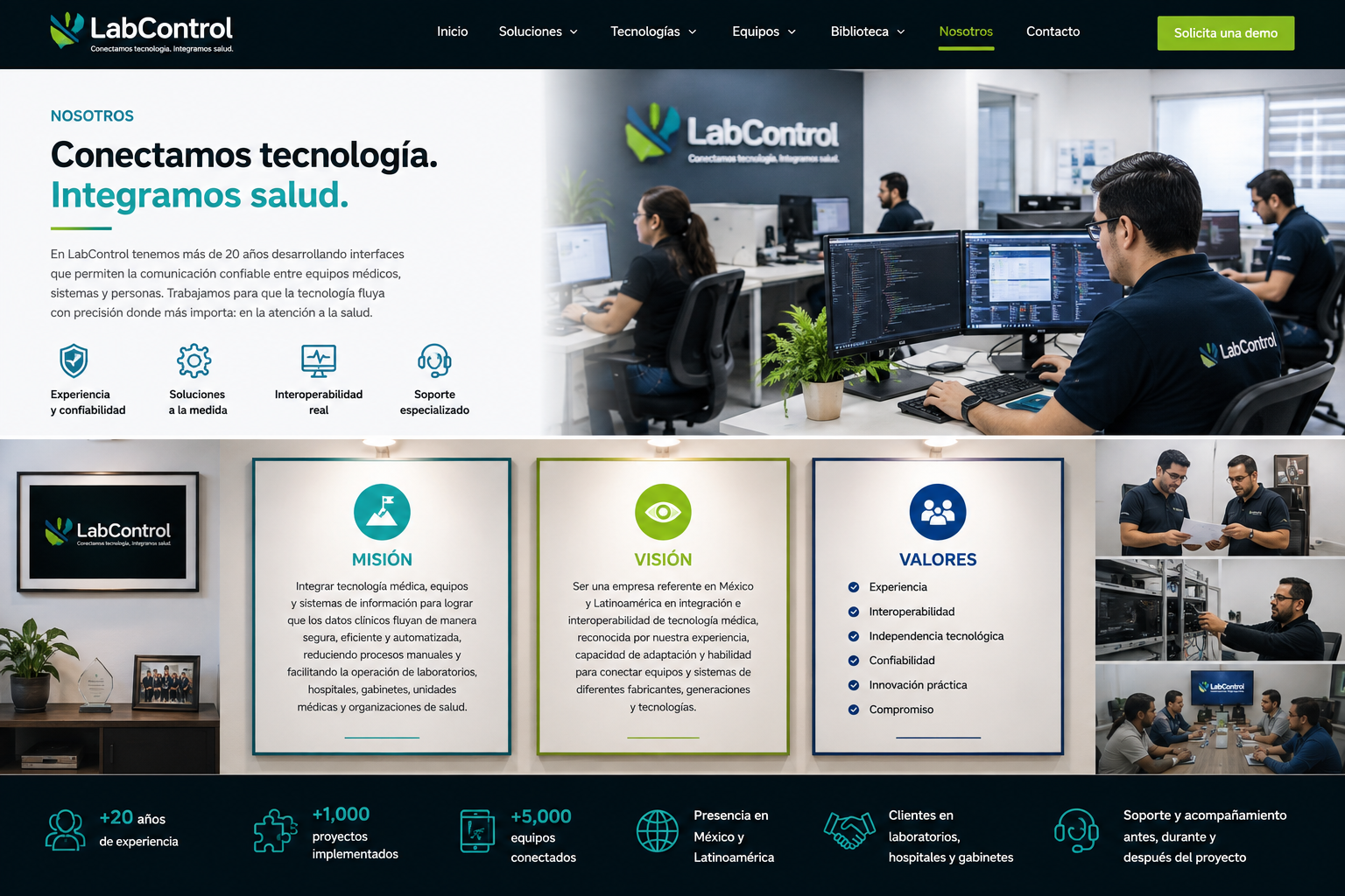Oficina de LabControl con personal trabajando en proyectos de integración de tecnología médica